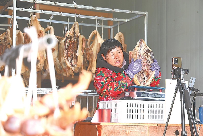在展羽公司的室内直播基地，当地群众通过直播介绍公司的腊鹅产品。.jpg